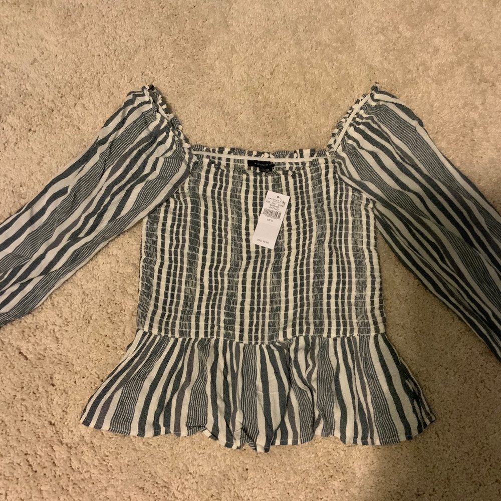 American Eagle Blue striped long sleeved blouse